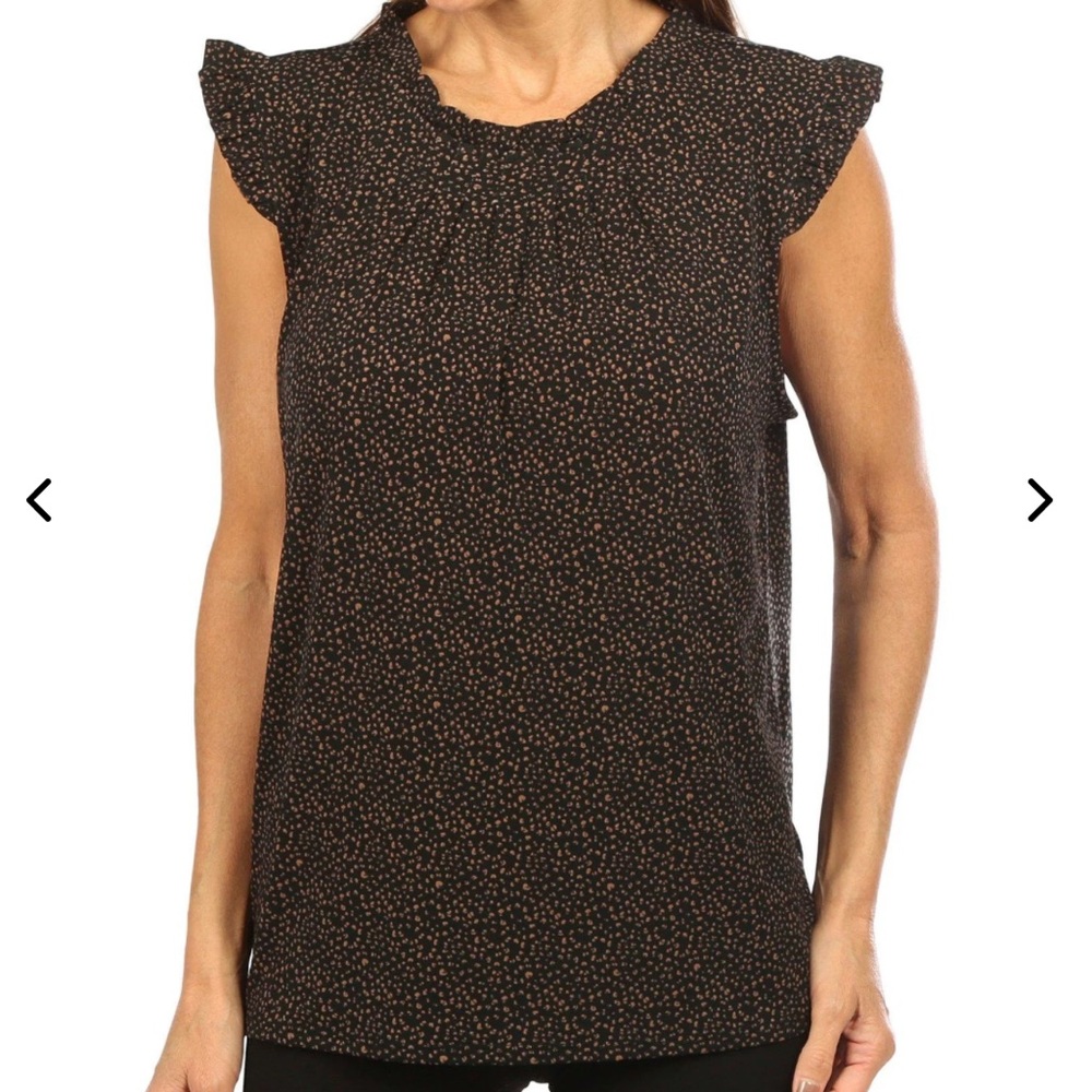 Adrianna Papell Black and Brown Pattern Sleeveless Mock Neck Ruffle Blouse Tank